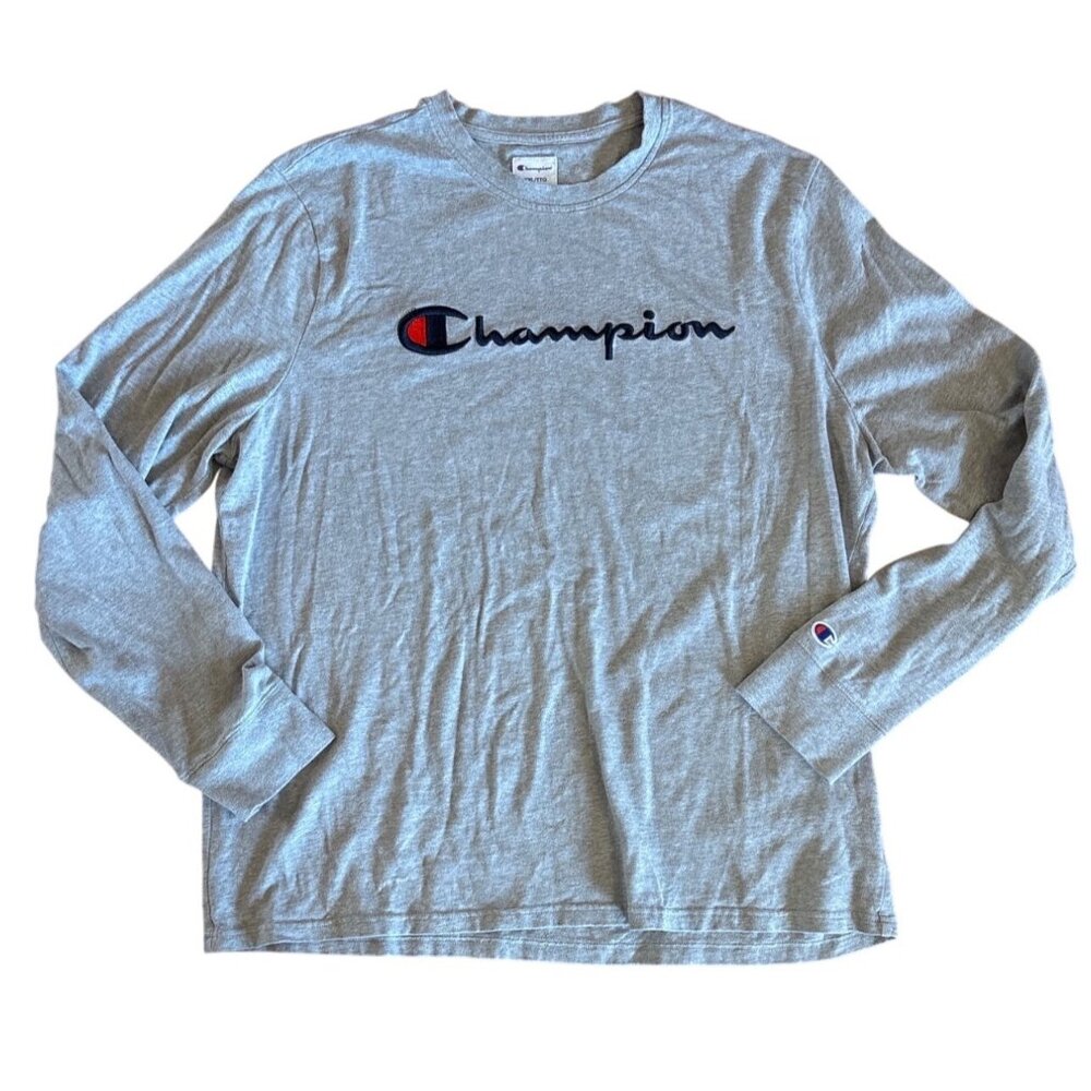 Champion Mens Gray Long Sleeve Shirt XXL 100% Cotton Crewneck Logo Ribbed Cuffs
